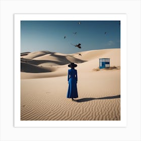 Woman In Blue Dress In Desert 2 Art Print