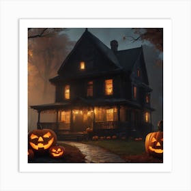 Halloween House With Pumpkins Art Print