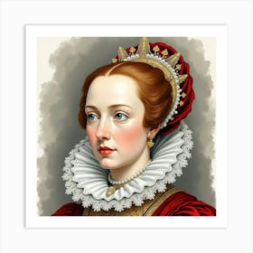 Queen Elizabeth I In Watercolor, Rich Velvet, Detailed Lace Collar 1 Art Print