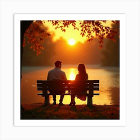 Couple Sitting On Bench At Sunset Art Print