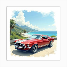 High End Car Against A Stunning Coastal Backdrop, Watercolor Painting 1 Art Print