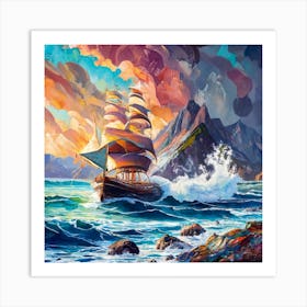 Seascape Ship On Sea Storm Art Print