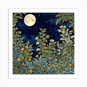 Night Sky With Flowers And Moon Art Print