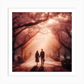 Couple Walking Under Cherry Blossoms Art Print