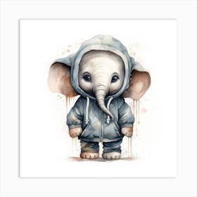 Watercolour Cartoon Elephant In A Hoodie Art Print