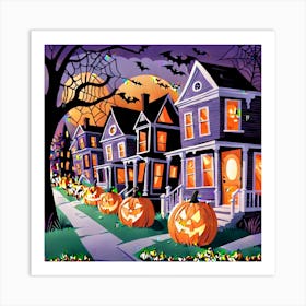 The Image Paints A Lively Picture Of Halloween In America Showcasing Bustling Neighborhoods Adorned Art Print