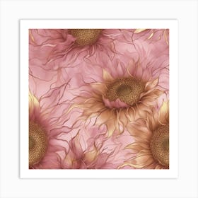 Seamless Pattern Of Elegant Sunflower Floral Motifs In Pink, Adorned With Gold Lines Art Print