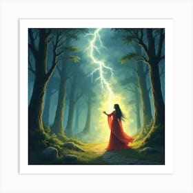 Sorceress Summoning A Magical Storm In A Glowing Forest, Watercolor Tone 1 Art Print