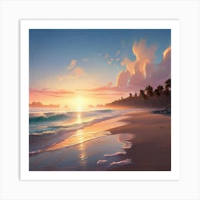 Tranquil Beach At Sunrise Bathed In The Ethereal Glow Of A Heavenly Realm Art Print