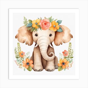 Floral Baby Mammoth Nursery Illustration (10) Art Print