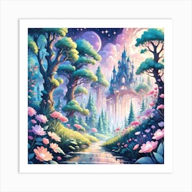 A Fantasy Forest With Twinkling Stars In Pastel Tone Square Composition 214 Art Print