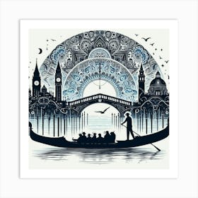 Boho art Silhouette of Gondola and Gondolier 2 Art Print