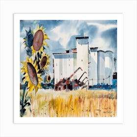 Sunflowers In Front Of Grain Silos Art Print