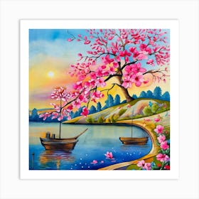 Cherry Blossoms By The Lake Art Print