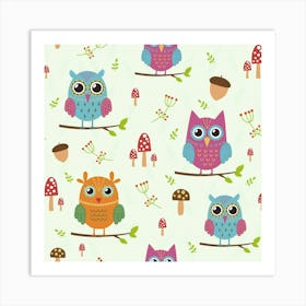 Forest Seamless Pattern With Cute Owls Art Print