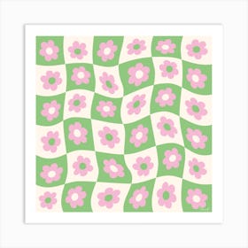 Pink Checkered Flowers On Wavvy Green and White Squares Art Print