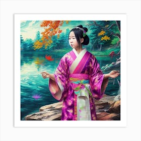 Asian Girl In Kimono Art Print