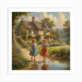 Two Girls Walking By A Stream Art Print