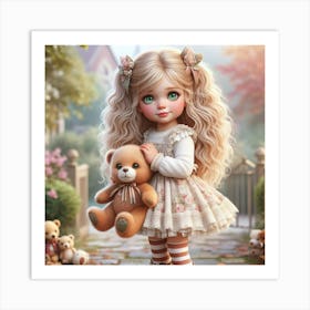 Little Girl With Teddy Bear 10 Art Print