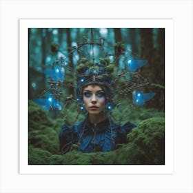 Hidden Steampunk Blue Mossy Butterfly Witch Art Print