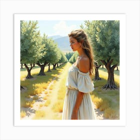 A Watercolor Portrait Of A Lovely Greek Woman Amidst The Tranquil Beauty Of An Olive Grove 1 Art Print