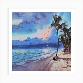 Sunset On The Beach Ocean Sand Palm Trees Palms Art Print