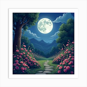 Enchanting Moonlit Garden With Blooming Flowers 1 Art Print