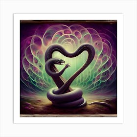 A Hypnotic Snake Playing A Silver Harp, Inspired By The Dreamlike Paintings Of Hieronymus Bosch, With A Mystical Purple And Green Palette, Where The Snake Is In Focus And The Surrounding Landscape Is Blurred Into Dreamlike Shapes, 2 Art Print