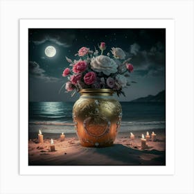 A golden jar on beach under moonlight 3 Art Print