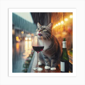 Cat Drinking Wine In The Rain 1 Art Print