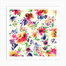 Painterly Tropical Flowers Square Art Print