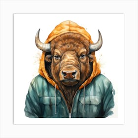 Watercolour Cartoon Bison In A Hoodie 2 Art Print