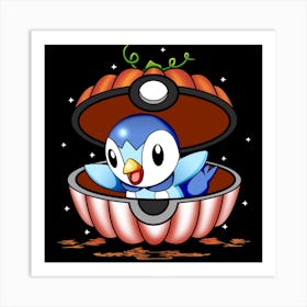 Piplup In Pumpkin Ball - Pokemon Halloween Art Print