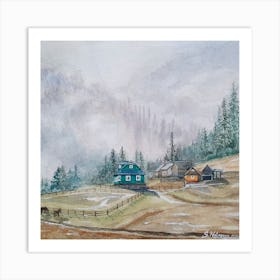 Fog In The Mountain Village Square Art Print