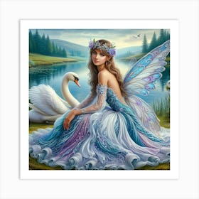 Fairy by the lake with a white swan  Art Print