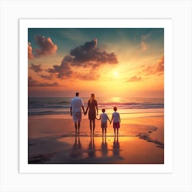 Family On The Beach At Sunset 1 Art Print