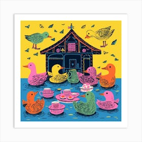 Duckling Afternoon Tea Linocut Style 1 Art Print