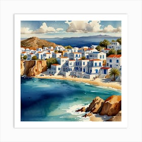 Crete, Greece.Summer on a Greek island. Sea. Sand beach. White houses. Blue roofs. The beauty of the place. Watercolor. Art Print