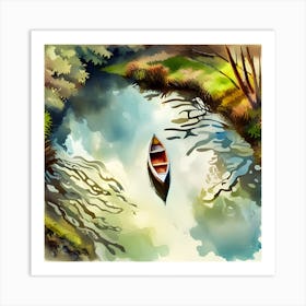 Watercolor Boat In The River Art Print