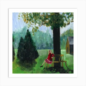 Woman In Red Under A Tree - square painting Anton Maliar green nature landscape people figurative Art Print