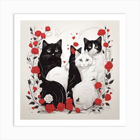 Black Cats With Roses Art Print