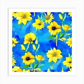 Yellow Sunflowers On Blue Background Art Print