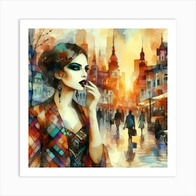Watercolor Of A Woman In The City Art Print