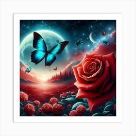 Red Roses And Butterflies Art Print