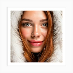 Firefly Macro Portrait Of Freckled Woman In Snowy Fur Jacket 16720 Art Print