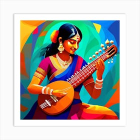 In An Oil Painting The Vibrant Essence Of A Joyous Indian Woman Playing The Sitar With Profound Enthusiasm Is Beautifully Depicted The Artwork Showcases The Woman In Meticulous Detail Exuding Pure 3 Art Print