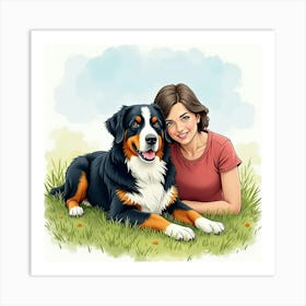 A Calm Bernese Mountain Dog Lying Beside Its Owner In A Meadow, Watercolor 1 Art Print