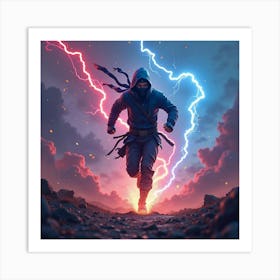 Ninja Running Through A Storm Of Vibrant, Electric Energy 1 Art Print