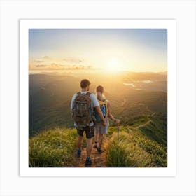 Couple Hiking Atop A Lush Hill During A Sunset Surrounded By Mountainous Landscape Embracing In A (6) Art Print