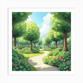 Lush Urban Park In Watercolor, With Pathways And Diverse Plant Life Art Print